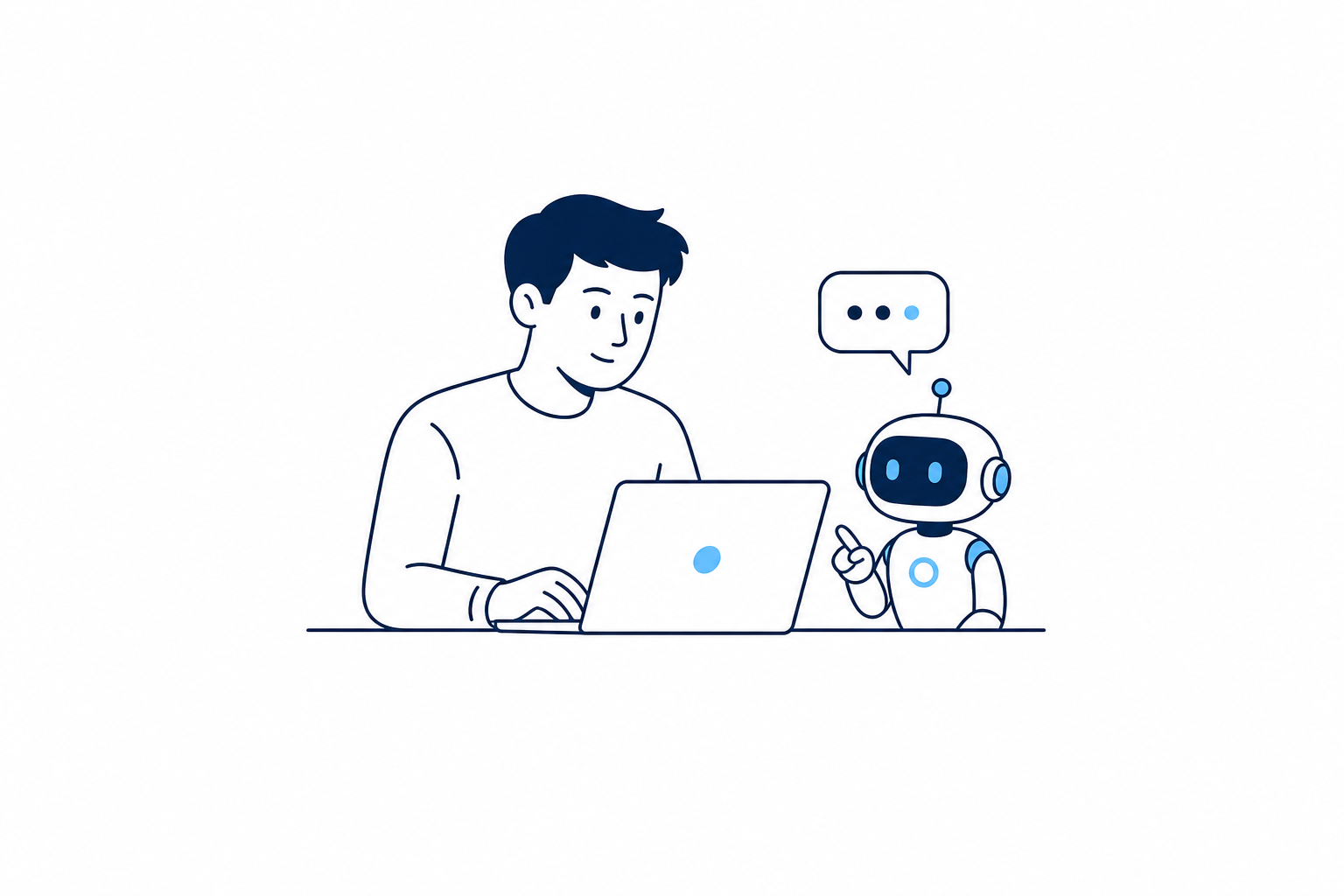 Machine learning engineer working on a laptop with an AI robot assistant